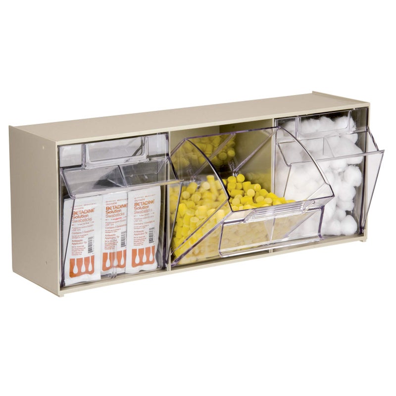 Akro-Mils TiltView Plastic Storage Cabinet with 3 Tilt Out Bins, Horizontal Plastic Parts Organizer, Teacher Toolbox, and Office Supply Organizer, 23-5/8" W x 9-7/16" H x 7-7/8" D, Stone - Image 3